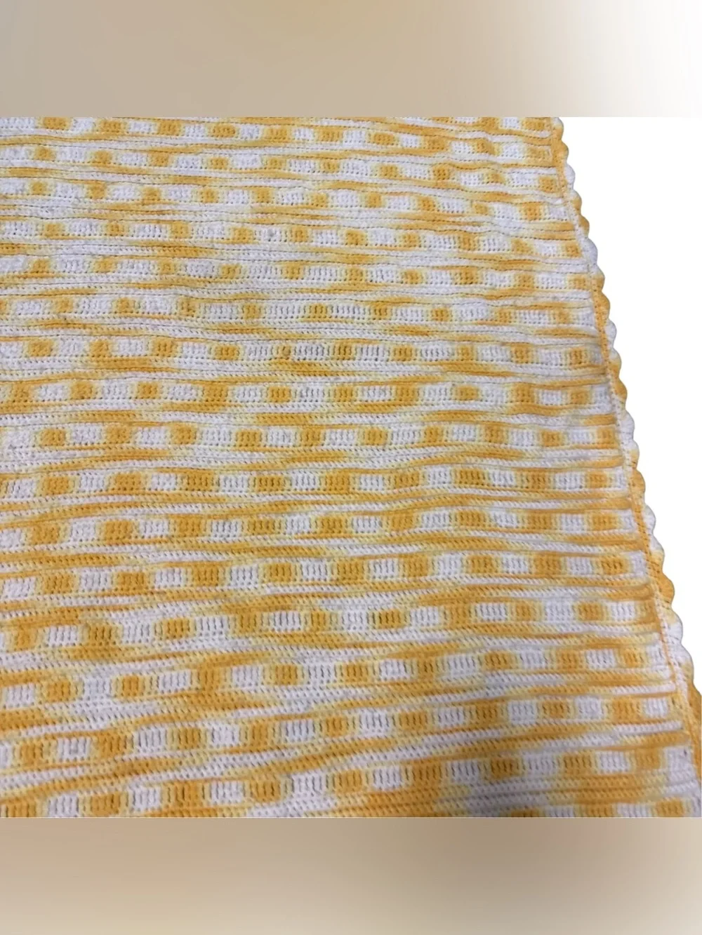 Vintage Crochet Knit Afghan Blanket Handmade Granny Yellow White 67”x44”